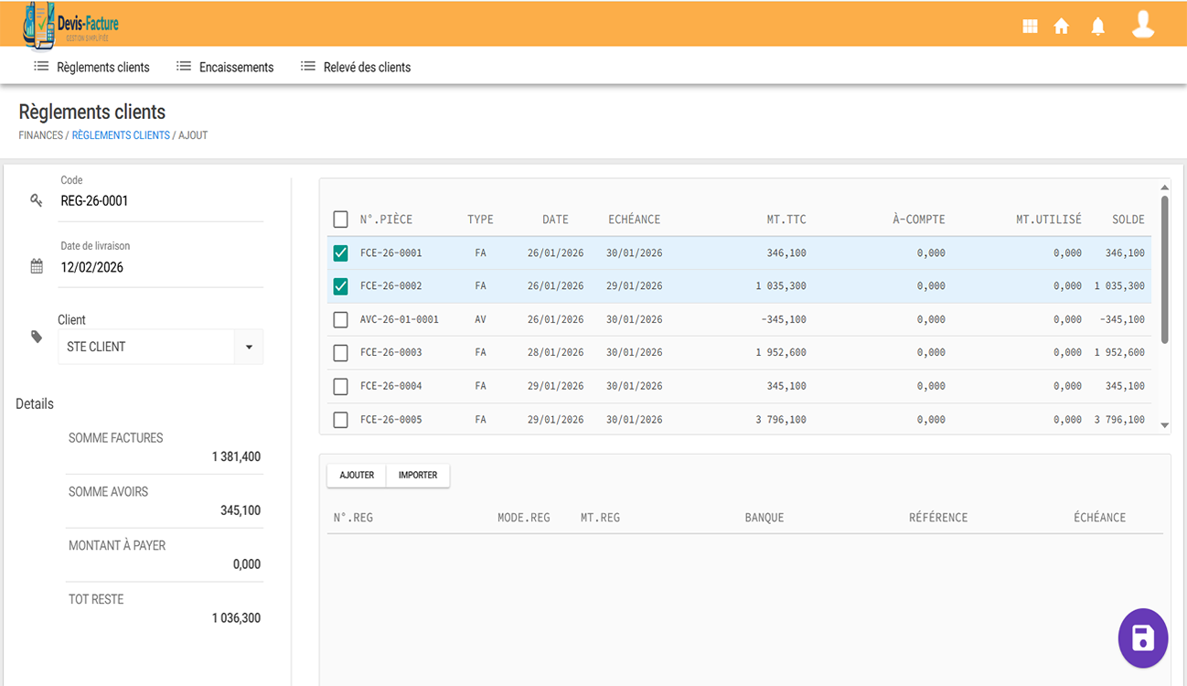Suivi des règlements clients DEVIS-FACTURE