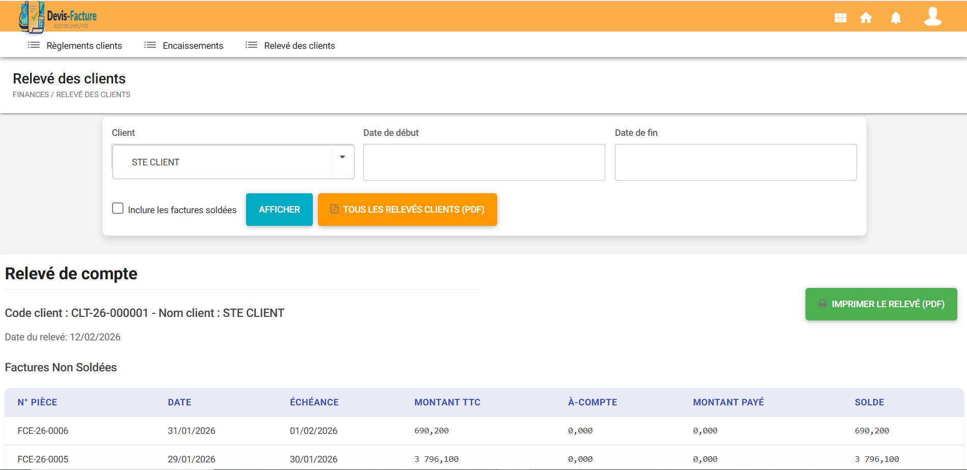 Suivi des Relevés des clients DEVIS-FACTURE