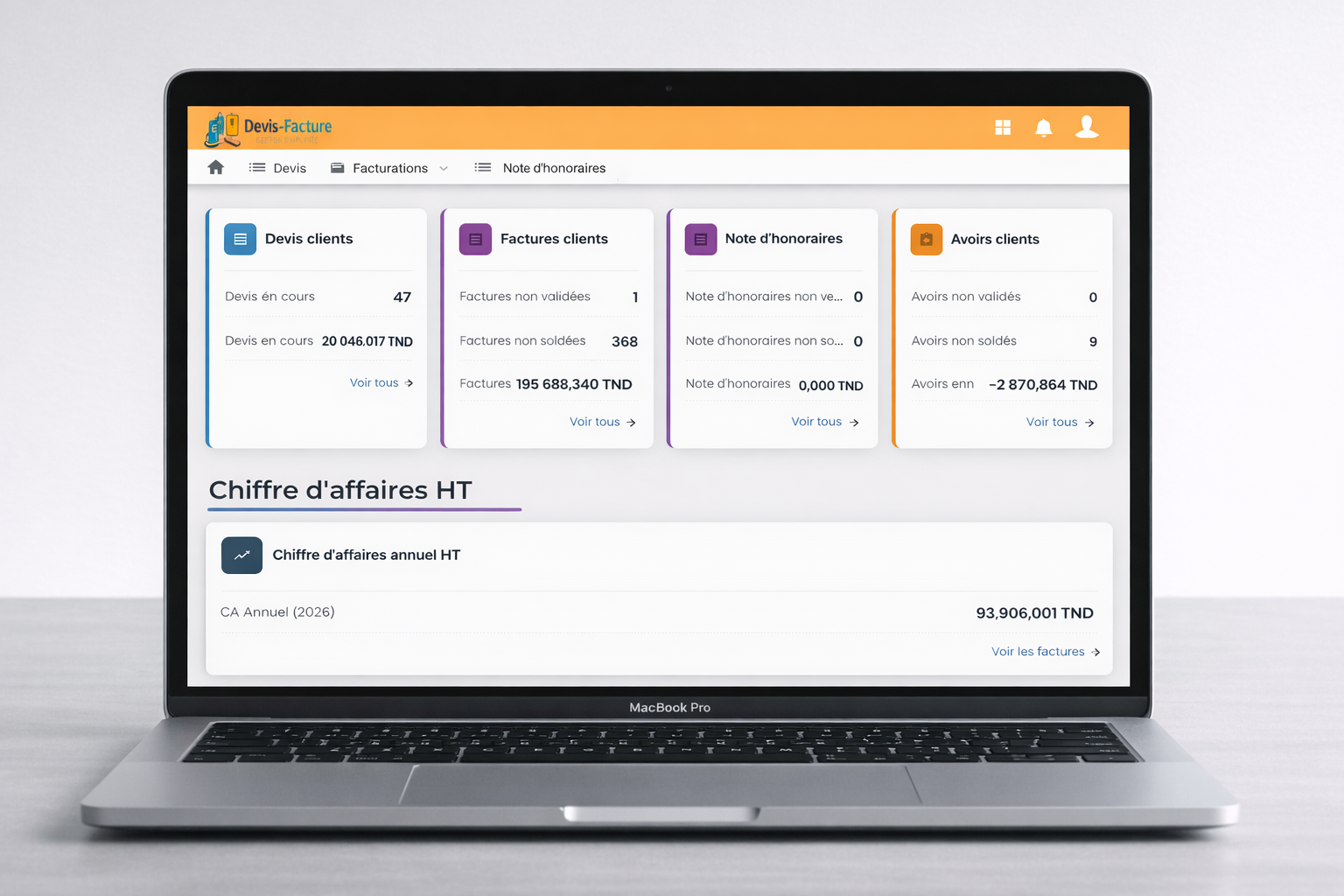 Aperçu de l'application Devis Facture - tableau de bord devis facture